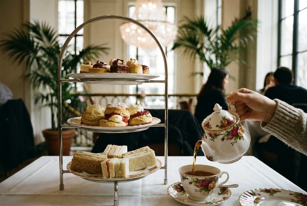 A three-tier afternoon tea stand with scones, sandwiches and pastries