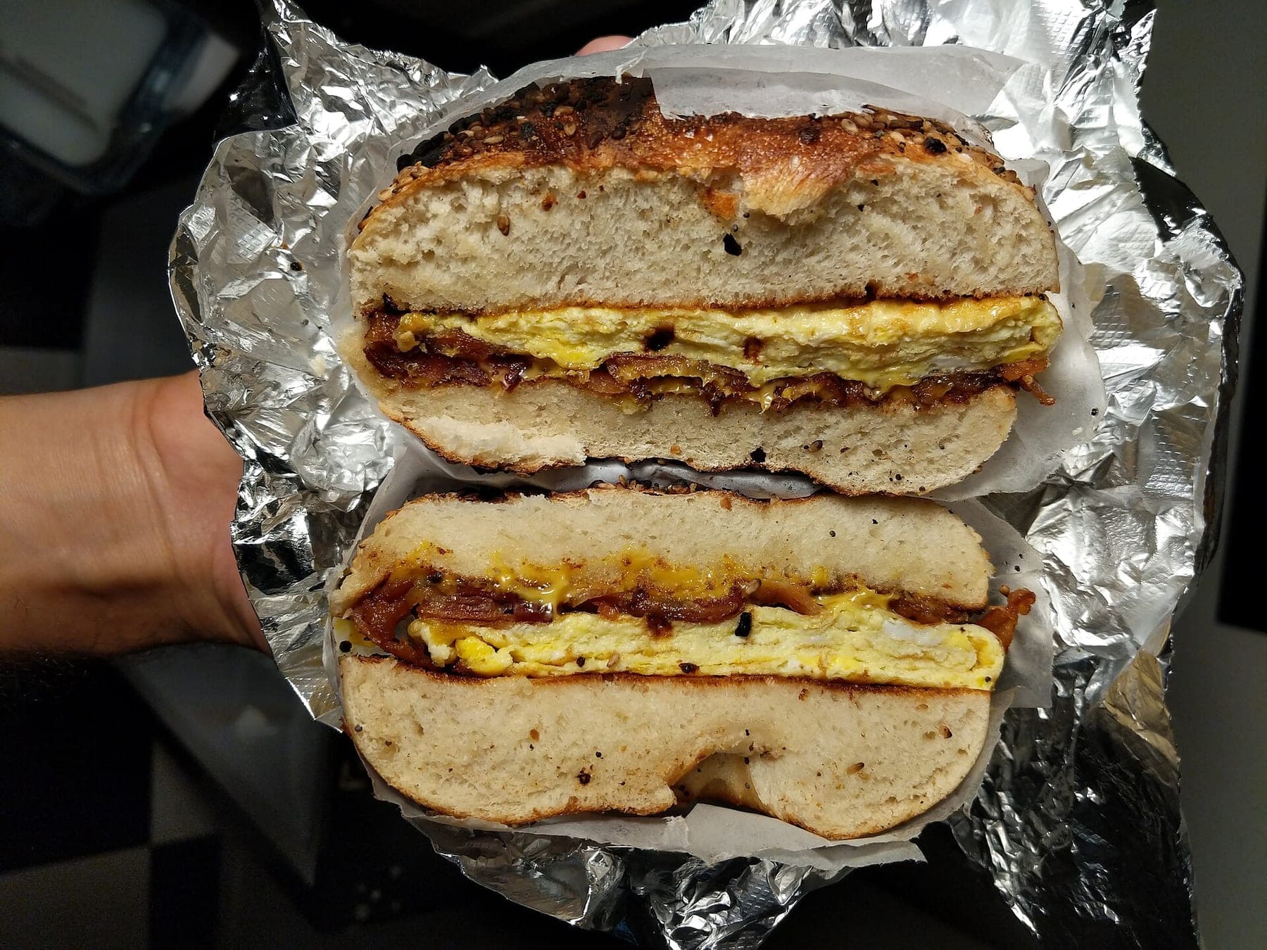 BEC Sandwich on Everything Bagel