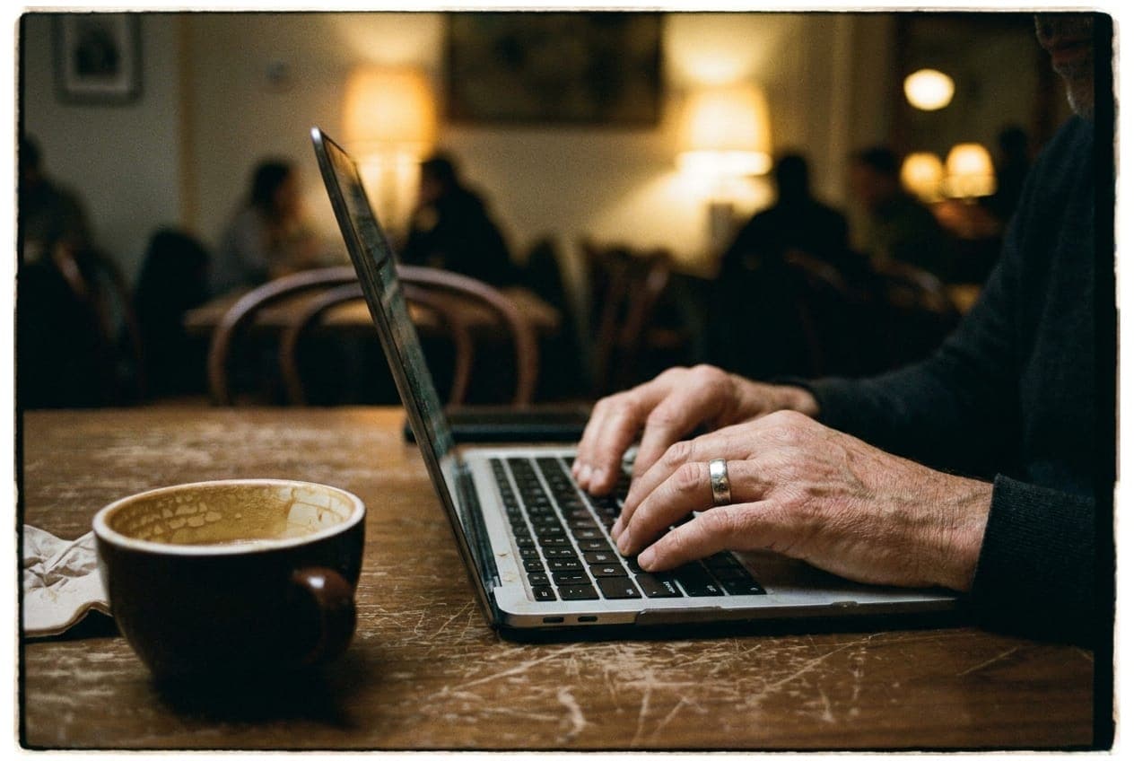 Hands typing on a laptop next to a coffee cup on a wooden table in a dimly lit New York cafe