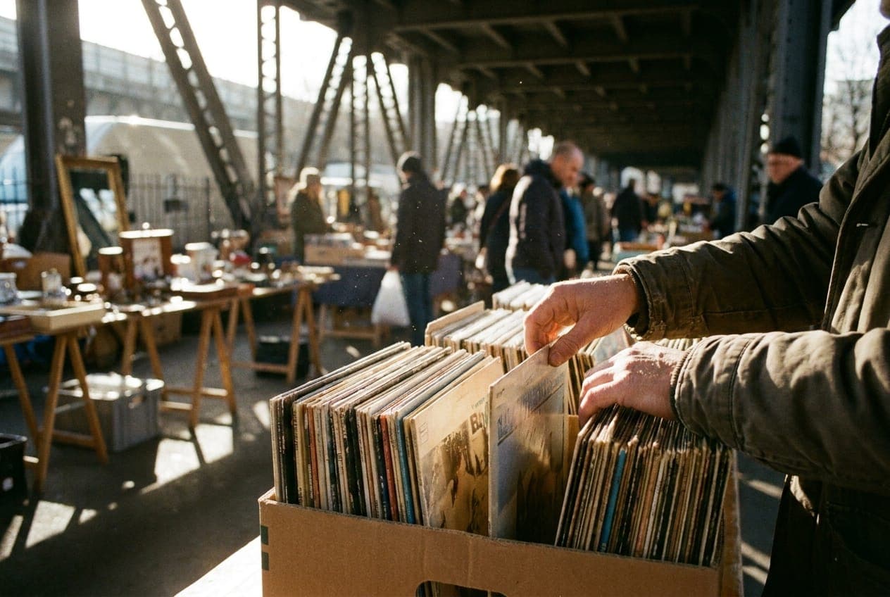 A collection of vintage vinyl records in wooden crates on a table at an outdoor New York City flea market.