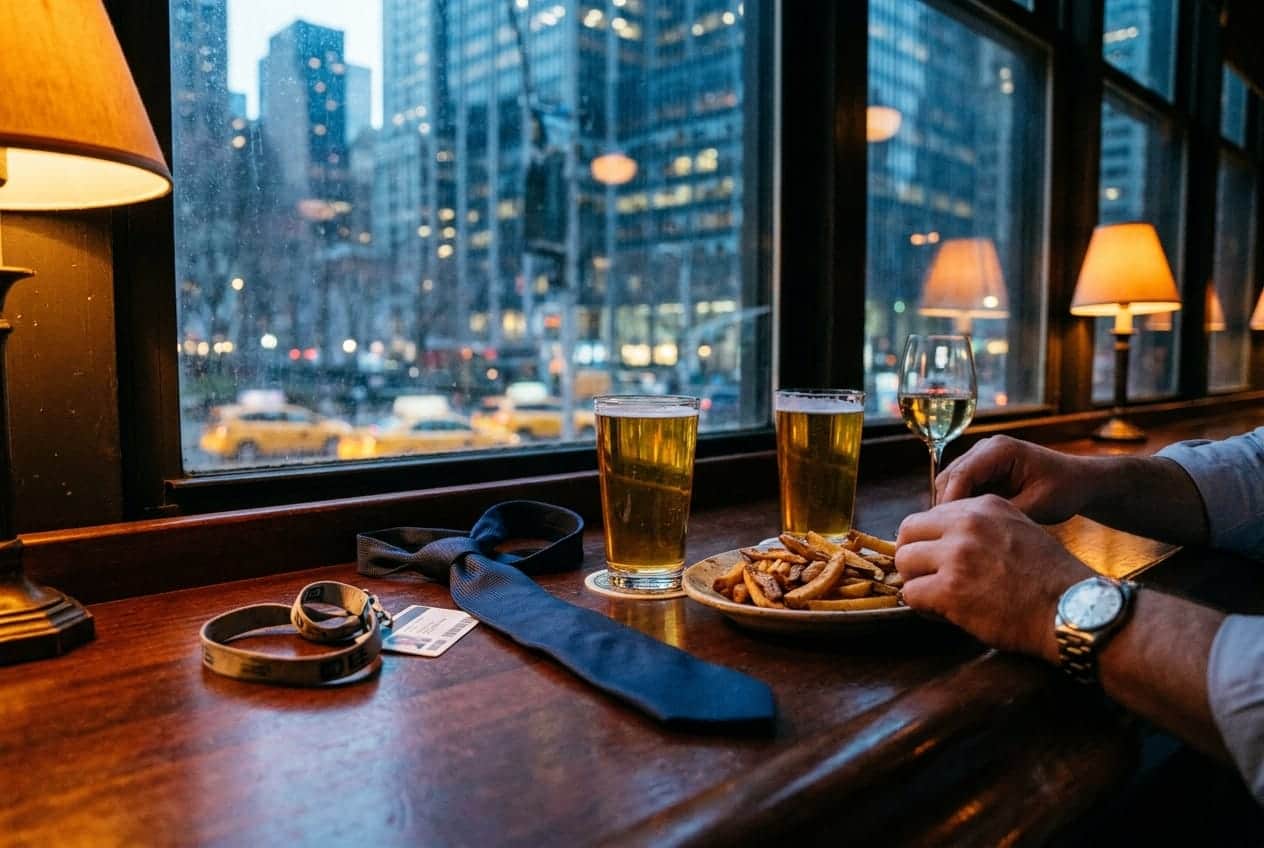 After-work drinks on a bar counter with Midtown office towers glowing outside the window