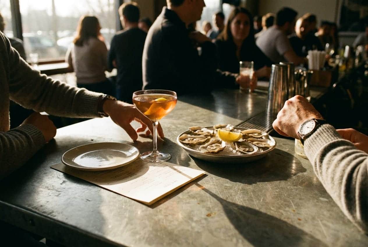 A row of cocktails and a tray of oysters on a bar at golden hour