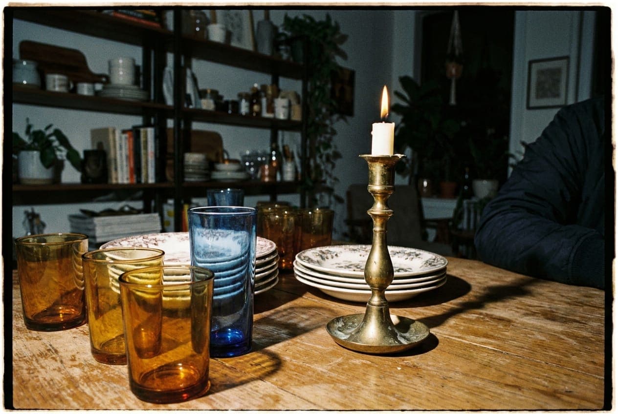A colorful display of glassware and vintage ceramics on a wooden table inside a dimly lit shop