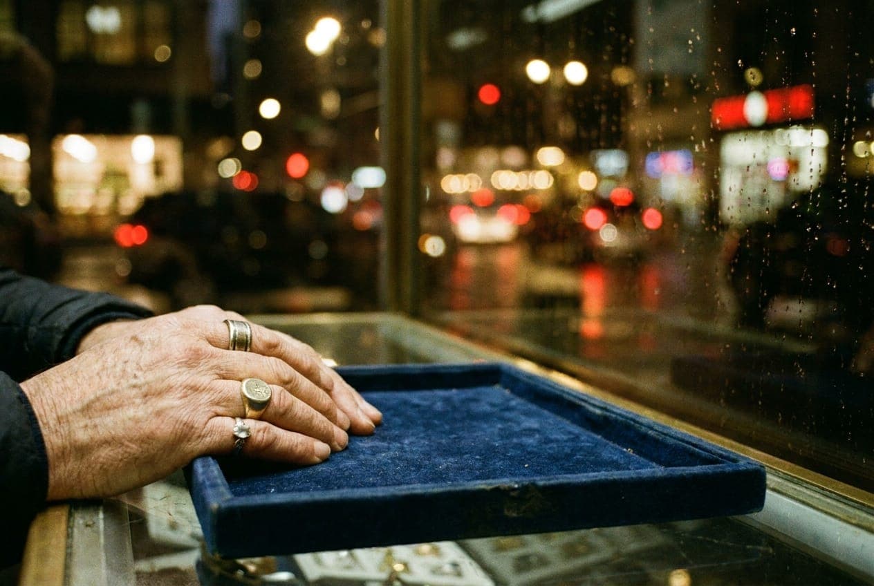 A person's hands covered in unique silver rings, resting on a velvet jewelry display tray inside a store.