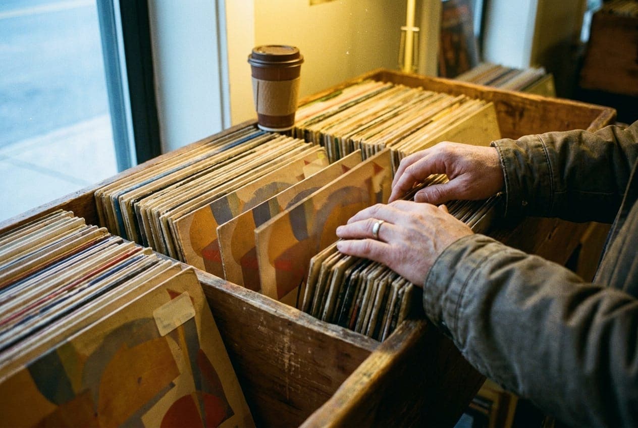 Fingers flipping through a bin of used vinyl records with worn paper sleeves under warm shop light