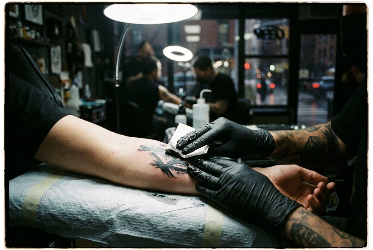 A gloved hand wiping black ink off a fresh tattoo under bright studio light