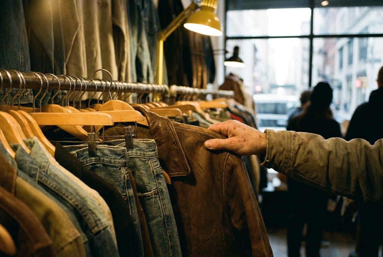 Racks of worn leather jackets and denim under warm shop light