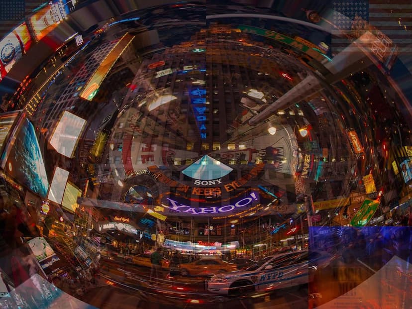 A fisheye view of Times Square at night, featuring bright billboards, street lights, and an NYPD vehicle on the street.