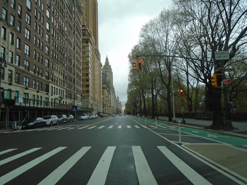 A wide street with tall buildings on the left and a park on the right. White crosswalk lines are in the foreground. Cars are parked along the