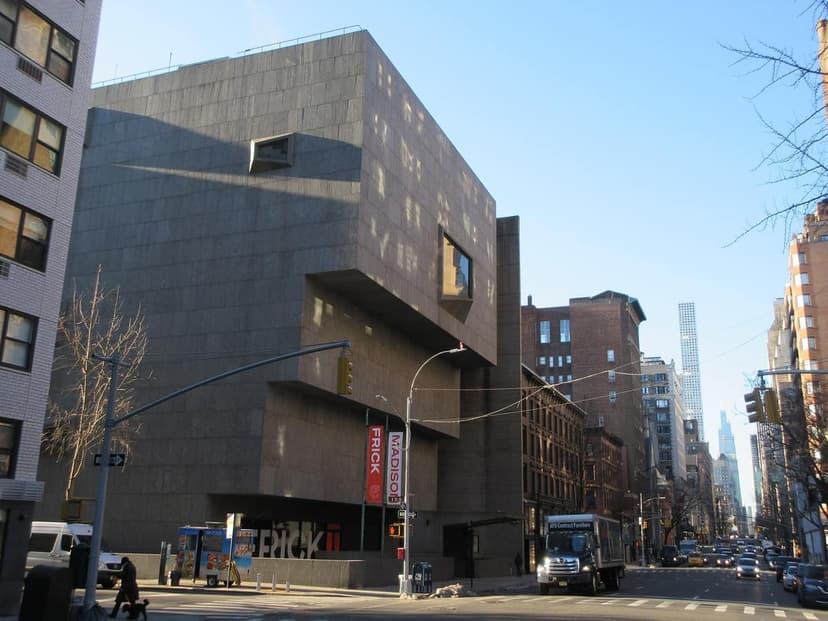 Exterior view of The Frick Collection's temporary home, the former Whitney Museum building, on a sunny day in New York City.