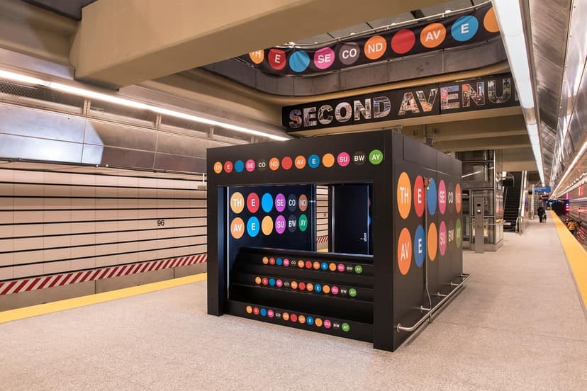 Modern subway station platform with a black interactive kiosk, a "SECOND AVENUE" sign, and a "96" sign on the tiled wall.