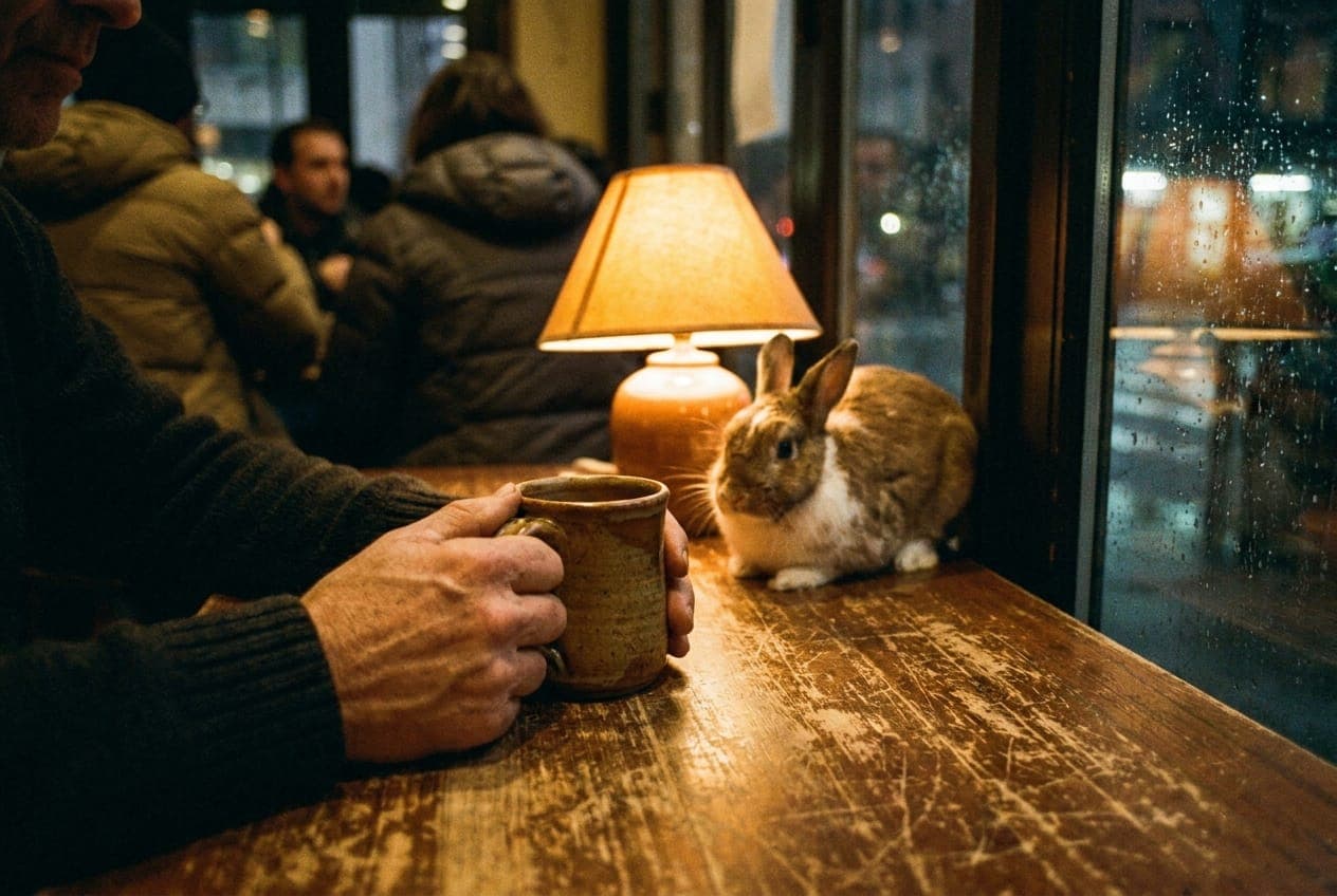 A patron sits at a small cafe table holding a ceramic mug while a rabbit rests nearby in a warmly lit room
