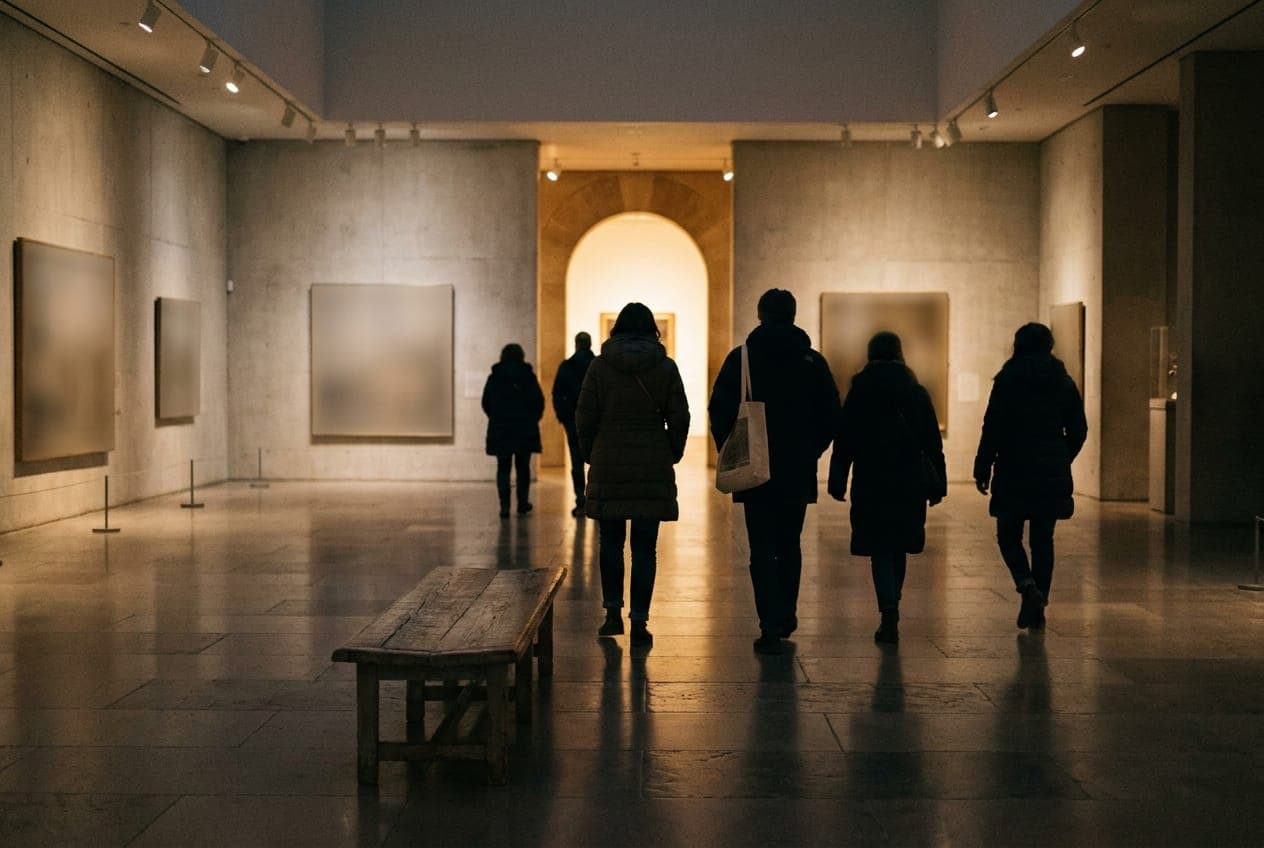 Silhouettes of visitors crossing a vast, dim museum hall toward a bright doorway on a Friday evening