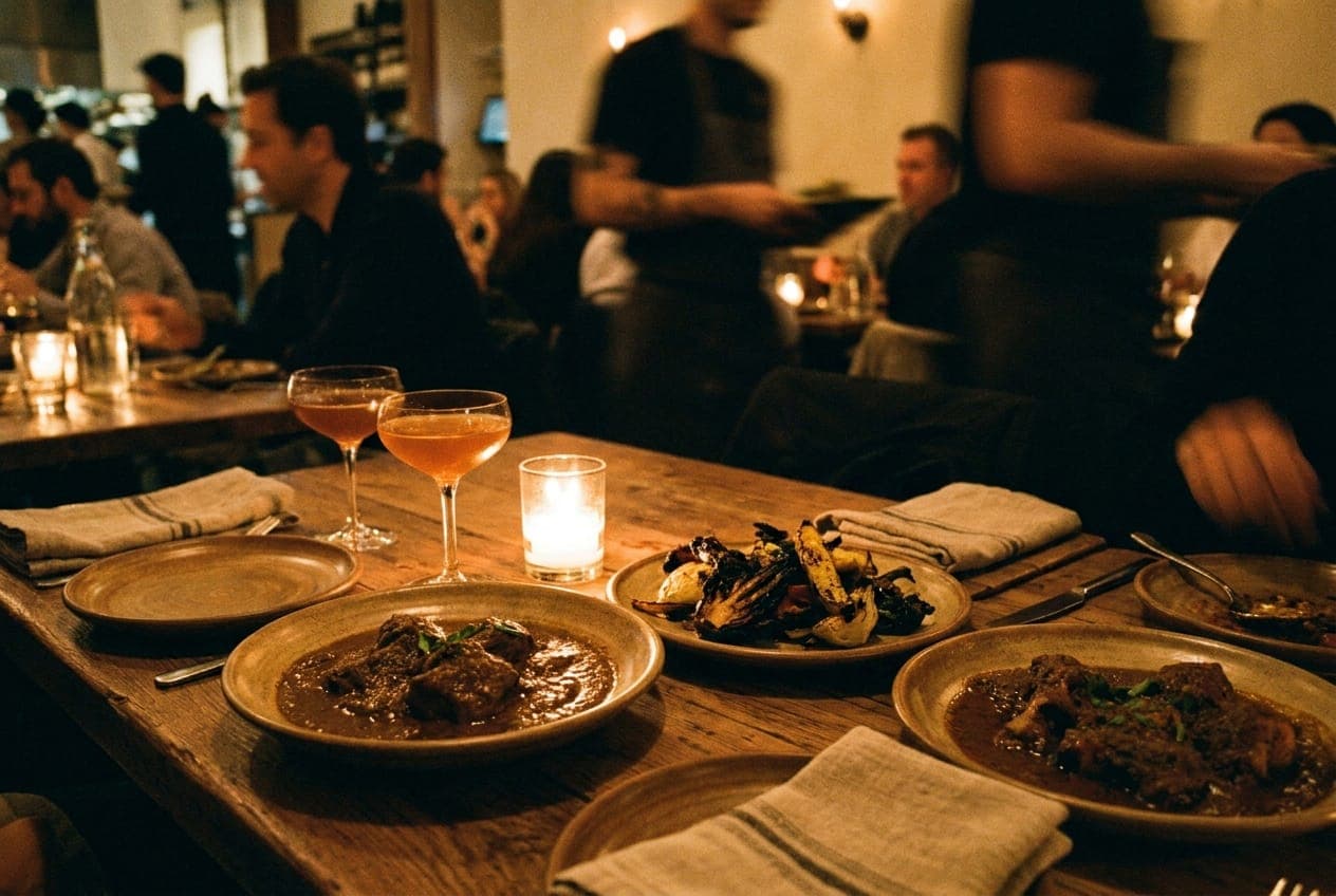 A candlelit dinner table with small plates and low-ABV cocktails in a cozy Williamsburg restaurant setting.