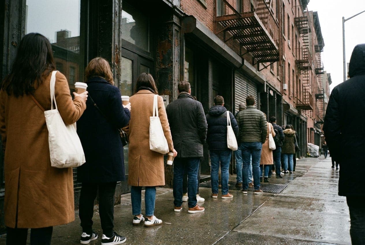 A line of shoppers waiting outside a loft building door on a gray morning