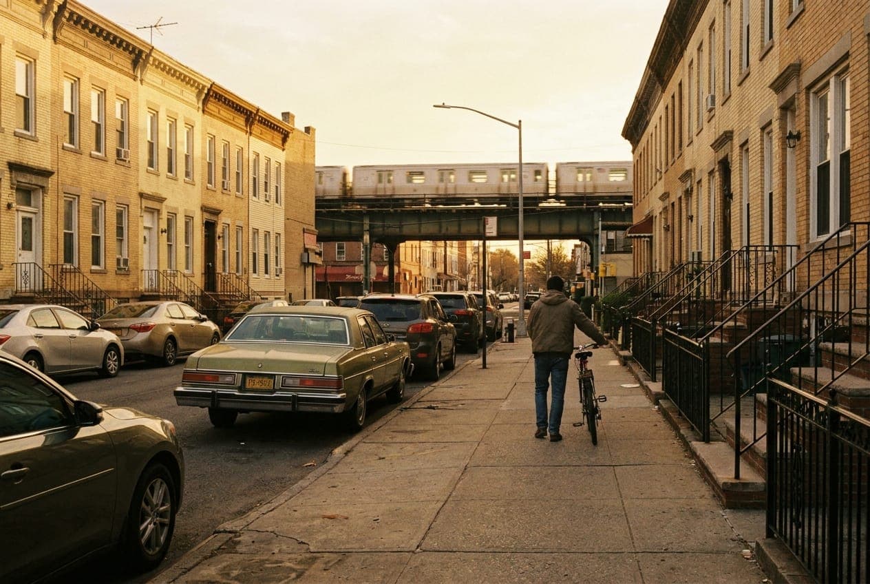 A Ridgewood block of yellow-brick row houses with matching stoops and iron railings in late afternoon light, an elevated train in the distance