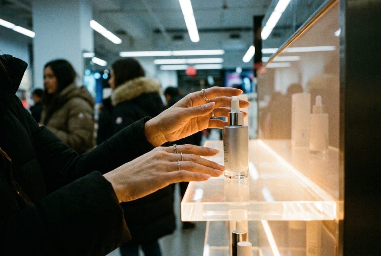 Shoppers browsing brightly lit shelves of skincare products at a beauty pop-up in New York City